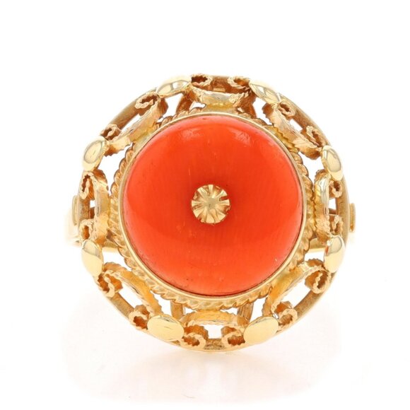 Yellow Gold Coral Vintage Cocktail Solitaire Ring - 14k Rope Scrollwork